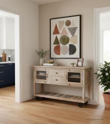 SOLID RECLAIMED TEAK WOOD SIDEBOARD W/  2 DRAWERS 2 DOORS & OPEN SHELF