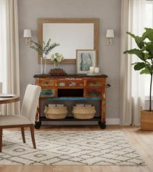 SOLID RECLAIMED TEAK WOOD SIDEBOARD ISLAND W/ 5 DRAWERS & CASTERS