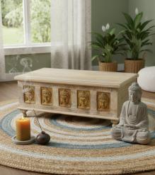 SOLID RECLAIMED TEAK W/ BRASS FITTED BUDDHA CASTINGS TRUNK COFFEE TABLE BLANKET CHEST