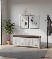 IRON LOCKER BENCH W/ LEATHER UPHOLSTERED SEAT