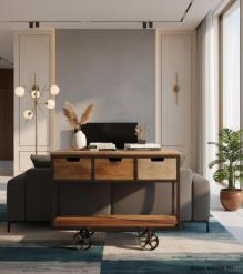 SOLID WOOD & IRON 3 DRAWER TROLLEY CONSOLE 