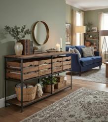 SOLID WOOD & IRON CONSOLE W/ BASKETS