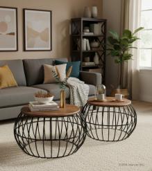 SET OF 2 SOLID WOOD & IRON TABLES