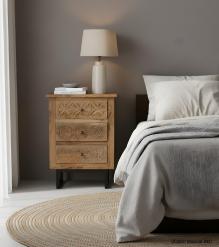 SOLID HAND CARVED WOOD 3 DRAWER NIGHTSTAND / END TABLE