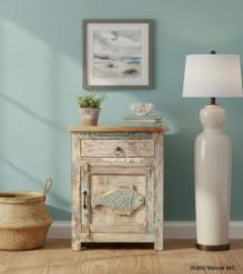 SOLID RECLAIMED TEAK WOOD NIGHTSTAND END TABLE W/ CARVED FISH