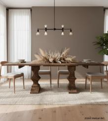 SOLID WOOD PEDESTAL EXTENSION DINING TABLE