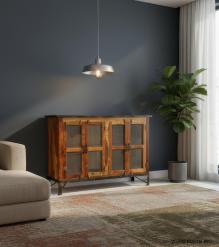 SOLID RECLAIMED TEAK WOOD & GLASS CABINET SIDEBOARD W/ 4 DOORS & METAL TRIM