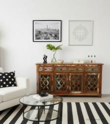 SOLID RECLAIMED TEAK WOOD & GLASS SIDEBOARD CABINET WITH 4 DRAWERS & 4 DOORS