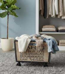 SOLID WOOD & IRON TRIM STORAGE BOX ON WHEELS