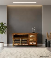 SOLID RECLAIMED TEAK WOOD & GLASS MEDIA CABINET WITH 3 DRAWERS & 2 DOORS