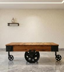 SOLID WOOD & IRON ROLLING CART COFFEE TABLE