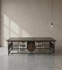 REPURPOSED IRON & SOLID WOOD COFFEE TABLE