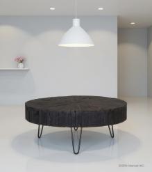 ROUND WOOD COFFEE TABLE W/ IRON LEGS