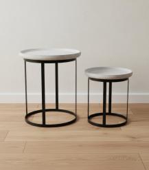 PAIR OF SOLID WOOD & IRON SIDE TABLES