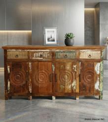 SOLID RECLAIMED HAND CARVED TEAK WOOD SIDEBOARD CABINET W/ 4 DRAWERS & 4 DOORS