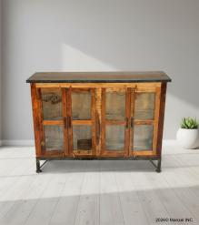 SOLID RECLAIMED TEAK WOOD & GLASS CABINET SIDEBOARD W/ 4 DOORS & METAL TRIM