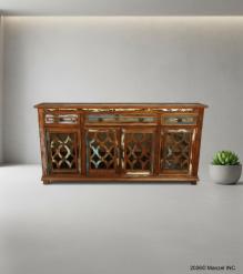 SOLID RECLAIMED TEAK WOOD & GLASS SIDEBOARD CABINET WITH 4 DRAWERS & 4 DOORS