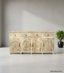 SOLID RECLAIMED HAND CARVED TEAK WOOD SIDEBOARD CABINET W/ 4 DRAWERS & 4 DOORS