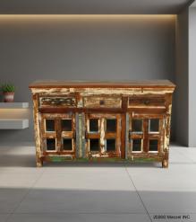 SOLID RECLAIMED TEAK WOOD & GLASS SIDEBOARD CABINET W/ 3 DRAWERS & 3 DOORS