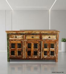 SOLID RECLAIMED TEAK WOOD & GLASS SIDEBOARD CABINET W/ 3 DRAWERS & 3 DOORS