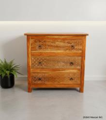 SOLID RECLAIMED TEAK WOOD HAND CARVED DRESSER BUREAU CABINET 3 DRAWERS