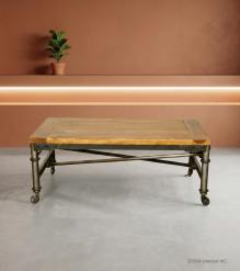 SOLID WOOD & IRON COFFEE TABLE ON WHEELS