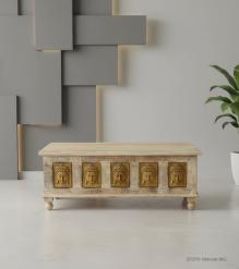 SOLID RECLAIMED TEAK W/ BRASS FITTED BUDDHA CASTINGS TRUNK COFFEE TABLE BLANKET CHEST