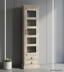SOLID RECLAIMED TEAK WOOD & GLASS DISPLAY CASE TOWER WITH 2 DRAWERS