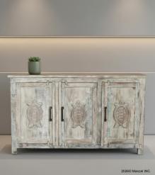 SOLID RECLAIMED TEAK WOOD SIDEBOARD CABINET W/ CARVED TURTLES