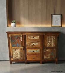 SOLID RECLAIMED CARVED TEAK WOOD W/ 4 DRAWERS & 2 DOORS SIDEBOARD CONSOLE