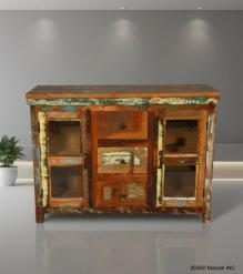 SOLID RECLAIMED TEAK WOOD SIDEBOARD W/ DRAWERS, DOORS & GLASS