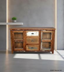 SOLID RECLAIMED TEAK WOOD & GLASS SIDEBOARD CABINET W/ 3 DRAWERS & 2 DOORS