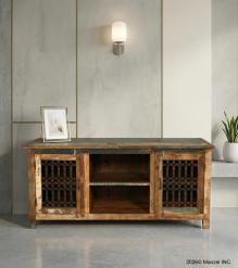SOLID RECLAIMED TEAK WOOD & METAL 2 DOOR CONSOLE SIDEBOARD