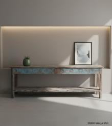 VINTAGE RECLAIMED CARVED TEAK CONSOLE TABLE W/ SHELF