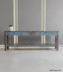 CARVED RECLAIMED WOOD CONSOLE TABLE W/ SHELF