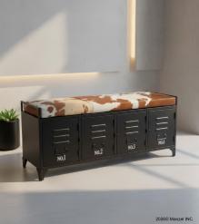 IRON LOCKER BENCH W/ LEATHER UPHOLSTERED SEAT