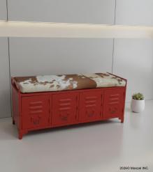 IRON LOCKER BENCH W/ LEATHER UPHOLSTERED SEAT