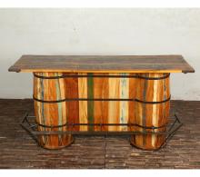 SOLID RECLAIMED TEAK WOOD & IRON DOUBLE BARREL BAR 