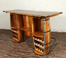 SOLID RECLAIMED TEAK WOOD & IRON DOUBLE BARREL BAR 