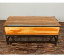 SOLID RECLAIMED TEAK WOOD & IRON COFFEE TABLE W/ 2 DRAWERS AND CASTERS