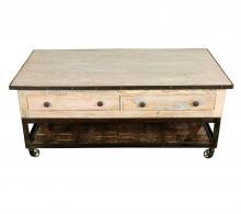 SOLID RECLAIMED TEAK WOOD & IRON COFFEE TABLE W/ 2 DRAWERS AND CASTERS