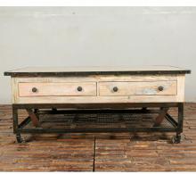 SOLID RECLAIMED TEAK WOOD & IRON COFFEE TABLE W/ 2 DRAWERS AND CASTERS