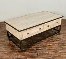 SOLID RECLAIMED TEAK WOOD & IRON COFFEE TABLE W/ 2 DRAWERS AND CASTERS