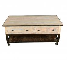 SOLID RECLAIMED TEAK WOOD & IRON COFFEE TABLE W/ 2 DRAWERS AND CASTERS