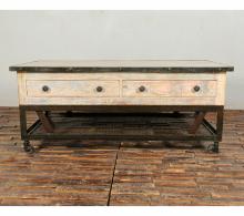 SOLID RECLAIMED TEAK WOOD & IRON COFFEE TABLE W/ 2 DRAWERS AND CASTERS