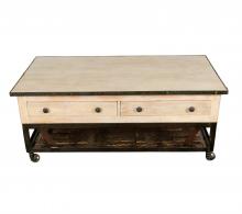 SOLID RECLAIMED TEAK WOOD & IRON COFFEE TABLE W/ 2 DRAWERS AND CASTERS