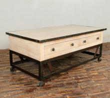 SOLID RECLAIMED TEAK WOOD & IRON COFFEE TABLE W/ 2 DRAWERS AND CASTERS