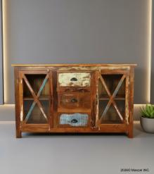 SOLID RECLAIMED TEAK WOOD & GLASS SIDEBOARD
