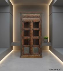 SOLID RECLAIMED TEAK WOOD, METAL & GLASS CABINET