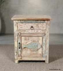 SOLID RECLAIMED TEAK WOOD NIGHTSTAND END TABLE W/ CARVED FISH